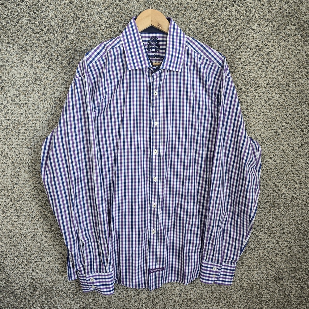 English Laundry Shirtโ Mens 17.5 36/37 Purple Button Up Flip Cuff Embroidered